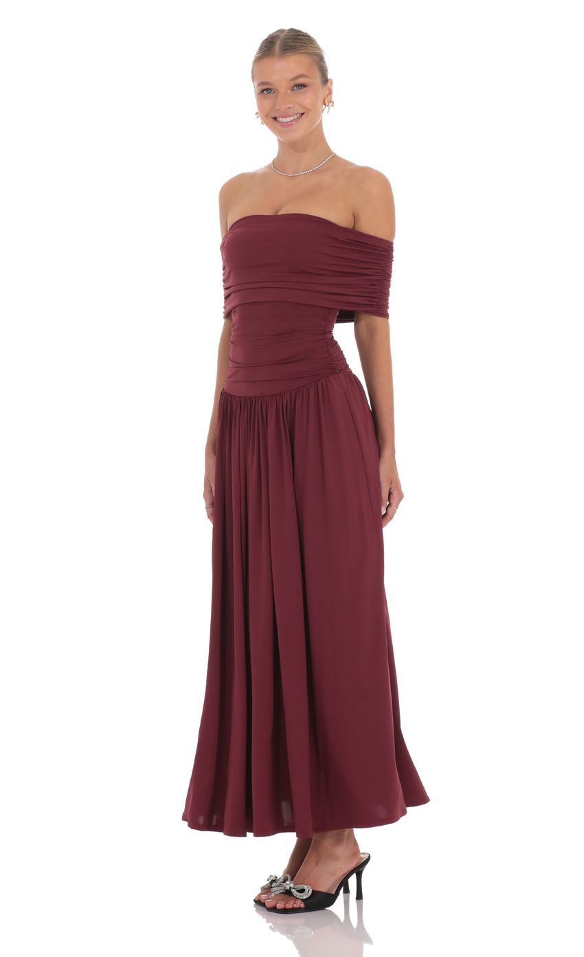 Lucy In The Sky Off Shoulder Drop Waist Maxi Dress in Burgundy