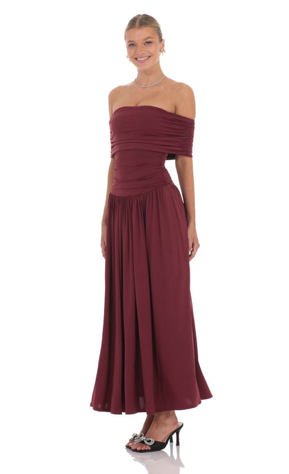 Lucy In The Sky Off Shoulder Drop Waist Maxi Dress in Burgundy