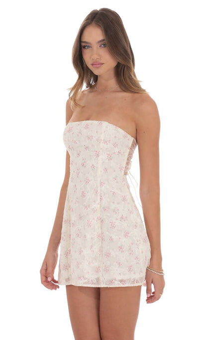 Lucy In The Sky Floral Strapless Fit and Flare Dress in Ivory