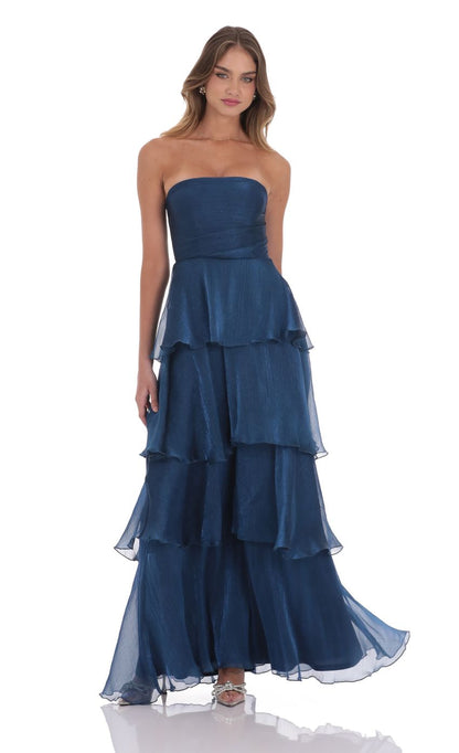 Lucy In The Sky Corset Ruffle Strapless Maxi Dress in Navy