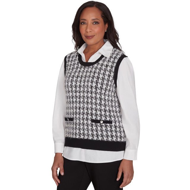 Alfred Dunner Women's Collared Houndstooth Vest Two In One Sweater