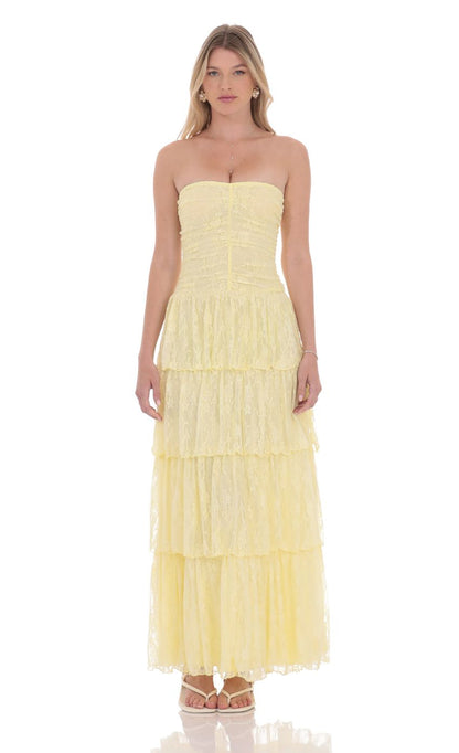 Lucy In The Sky Lace Ruched Ruffle Maxi Dress in Yellow