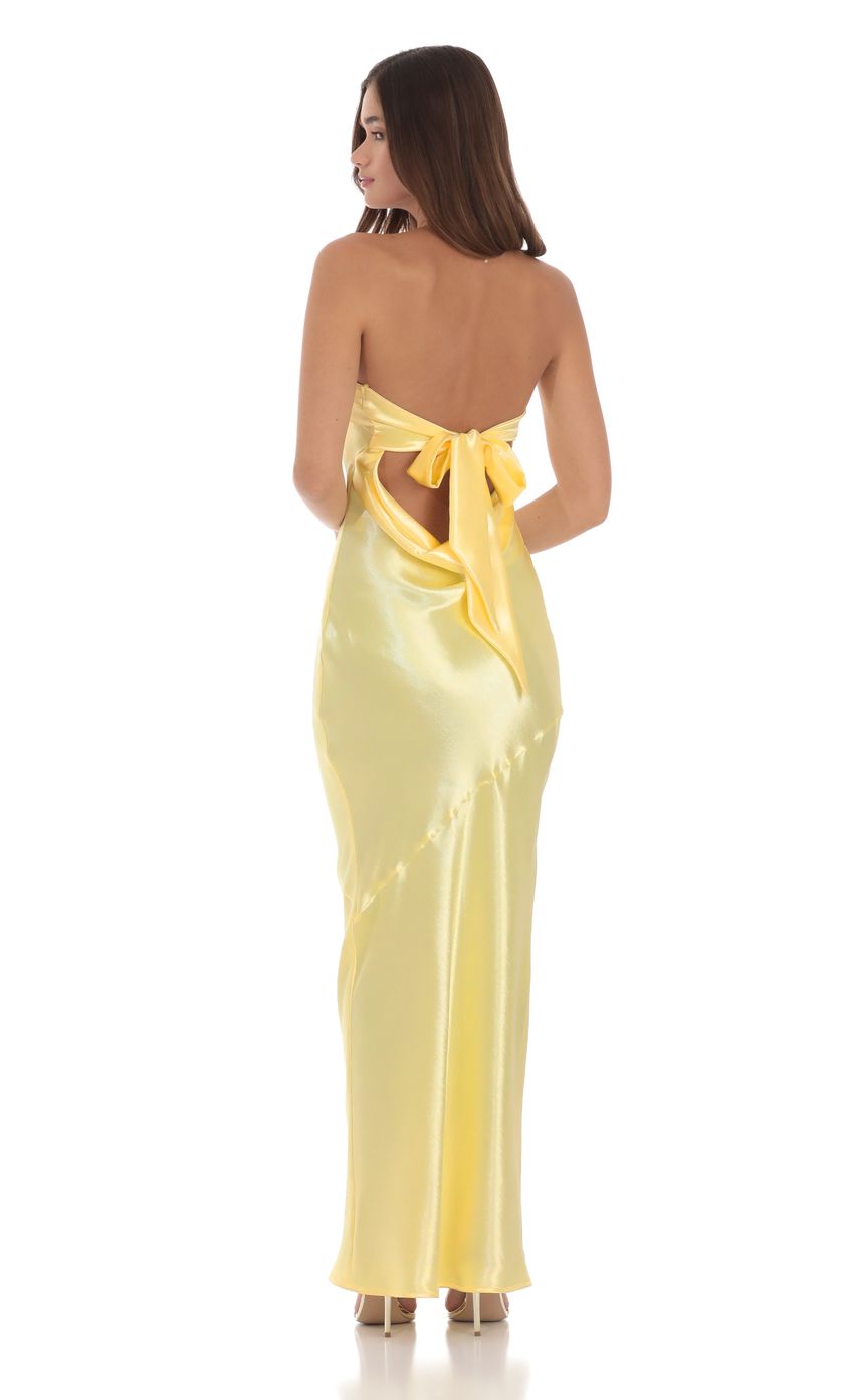Lucy In The Sky Strapless Satin Open Back Maxi Dress in Yellow