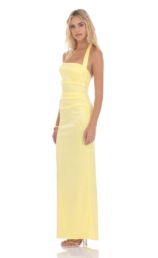 Lucy In The Sky Satin Halter Maxi Dress in Yellow