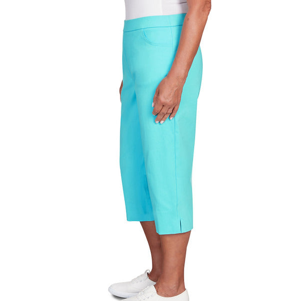 Alfred Dunner Women's Flat Front Split Hem Allure Clamdigger Pant - TURQUOISE