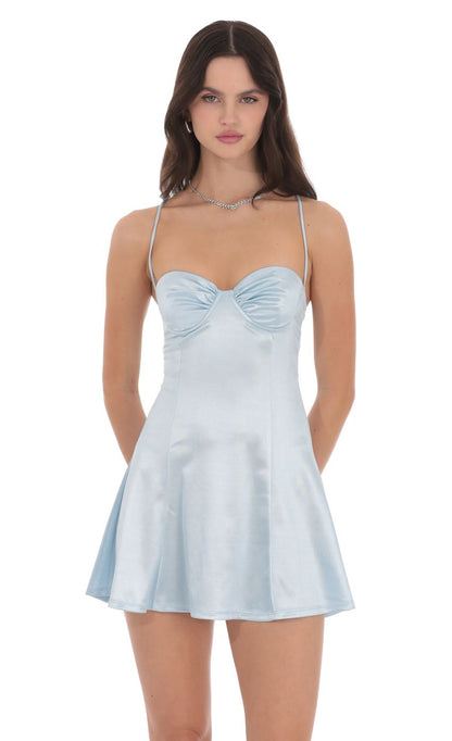 Lucy In The Sky Satin Fit and Flare Dress in Baby Blue