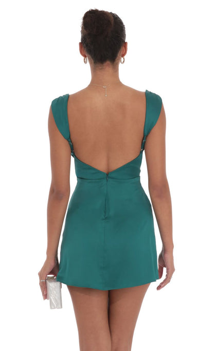 Lucy In The Sky Cowl Neck Satin Slit Dress in Teal