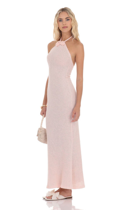 Lucy In The Sky Crochet Halter Maxi Dress in Pink