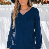 Cupshe Cobalt Blue Ribbed Knit V-Neck Long Sleeve Top (x2)