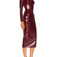 Ursime PU Leather High Neck Long Sleeve Bodycon Midi Dress