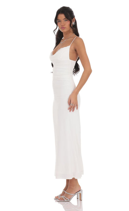 Lucy In The Sky Ruched Cowl Neck Maxi Dress in White