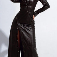 Ursime Casual PU Leather Shirt Collar Long Sleeve Button Maxi Dress