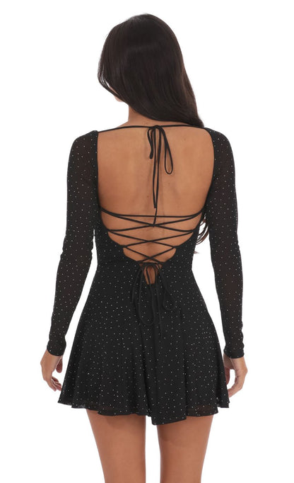 Lucy In The Sky Rhinestone Draped Fit and Flare Dress in Black