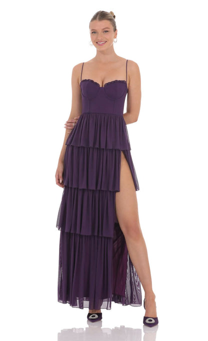 Lucy In The Sky Mesh Ruffle Maxi Dress in Dark Purple