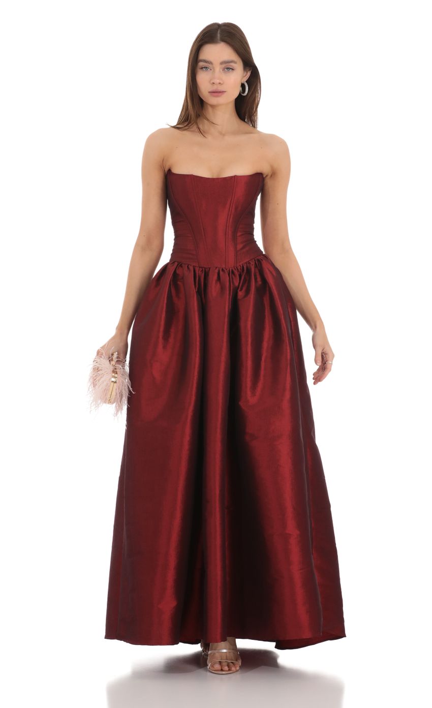Lucy In The Sky Strapless Corset Gown in Deep Red