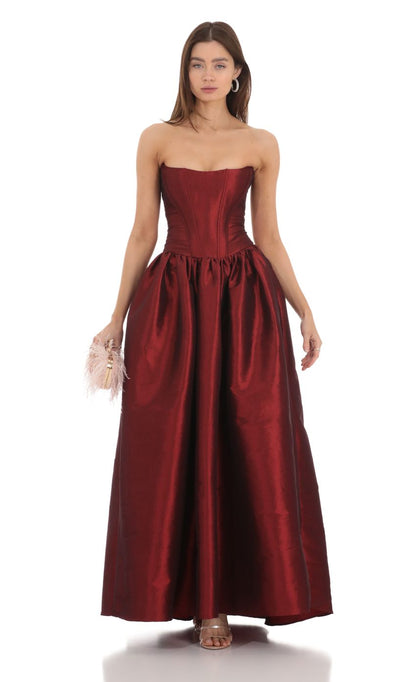 Lucy In The Sky Strapless Corset Gown in Deep Red