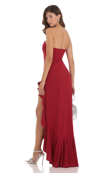 Lucy in the Sky Strapless Corset Maxi Dress in Red