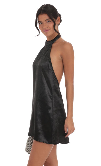 Lucy In The Sky Satin Halter Shift Dress in Black