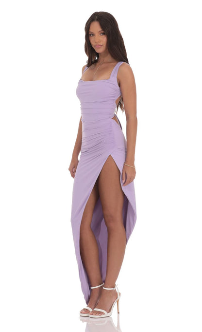 Lucy In The Sky Ruched Side Slit Maxi Dress in Purple