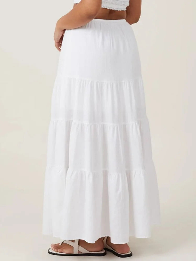 Ursime Casual High Rise Elastic Waist Lace-Up Tiered Maxi Skirt