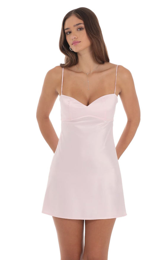 Lucy In The Sky Satin Sweetheart Neck Dress in Pink