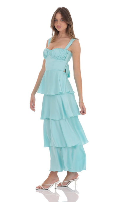 Lucy In The Sky Ruffle Maxi Dress in Aqua Blue