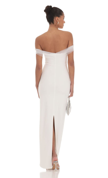 Lucy in the Sky Tulle Off Shoulder Sleeve Maxi Dress in White