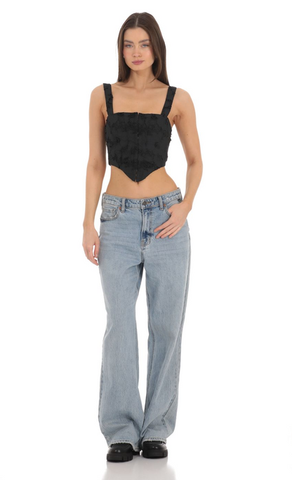 Lucy in the Sky Embroidered Floral Pointed Top in Black