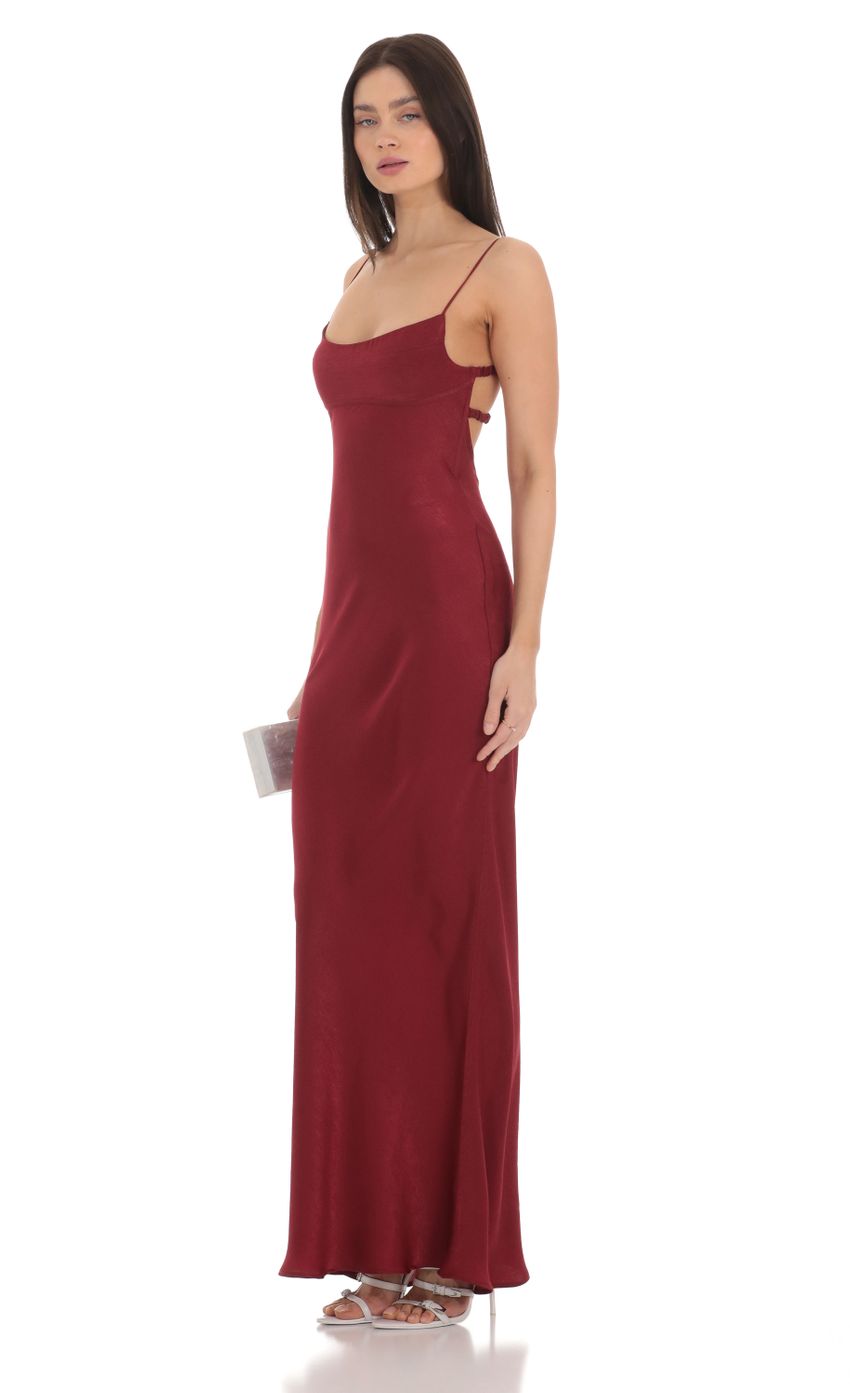 Lucy in the Sky Satin Open Back Maxi Dress in Red