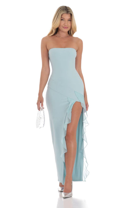Lucy in the Sky Strapless Ruffle Slit Dress in Blue