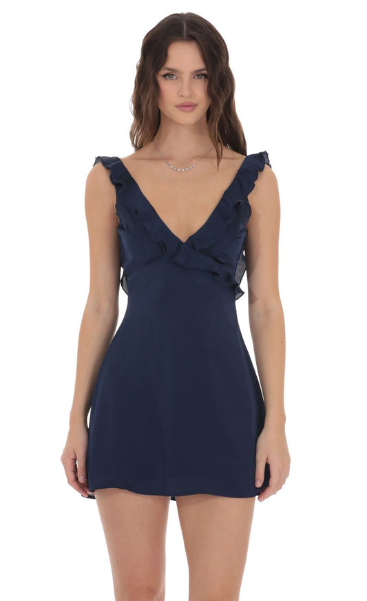 Lucy In The Sky Satin Ruffle V-Neck Dress in Navy