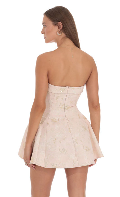 Lucy In The Sky Shimmer Jacquard Strapless Flare Dress in Pink