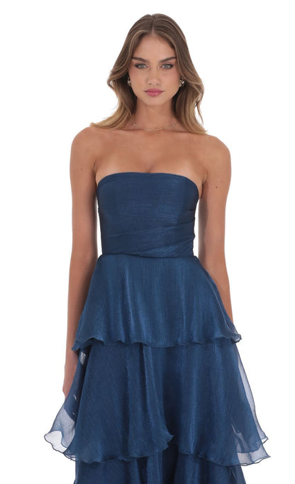 Lucy In The Sky Corset Ruffle Strapless Maxi Dress in Navy