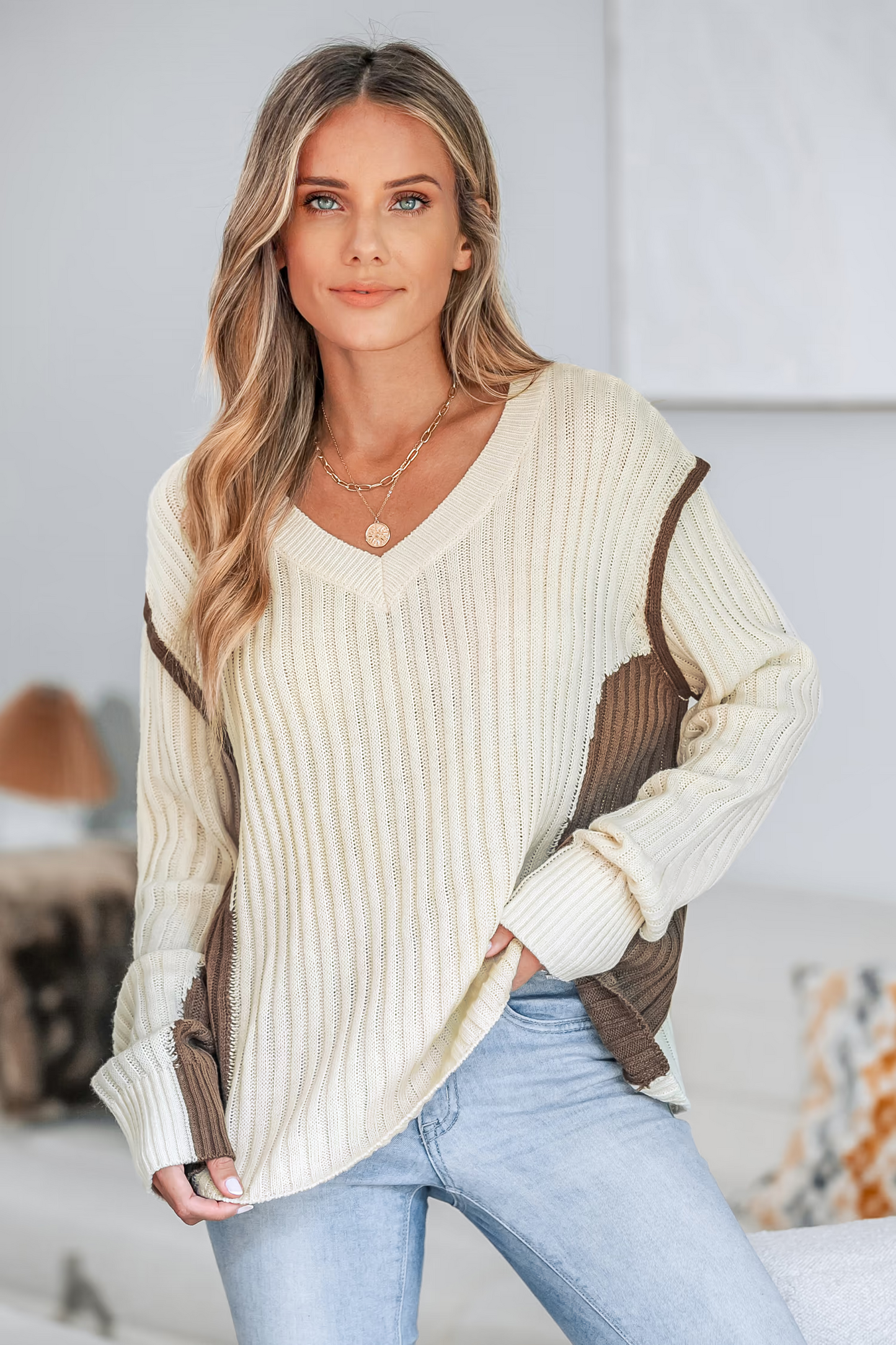 Cupshe Contrast Trim Ribbed V-Neck Pullover (x2)