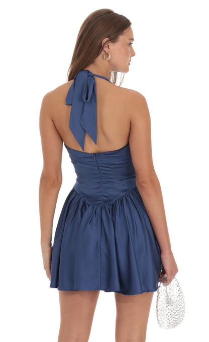 Lucy In The Sky Satin Halter A-line Dress in Slate Blue