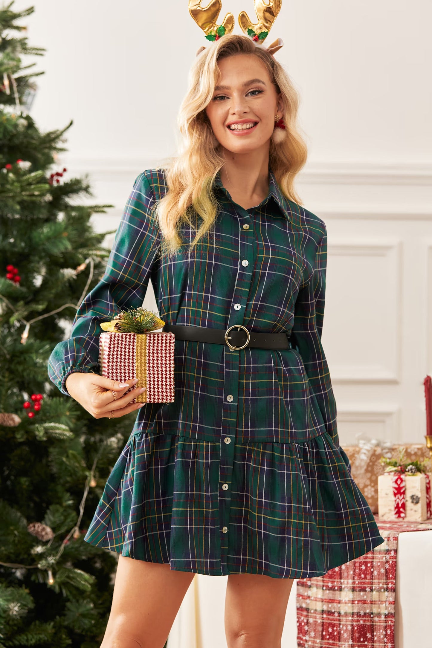 Cupshe Green Plaid Collared Flounce Hem Mini Shirt Dress