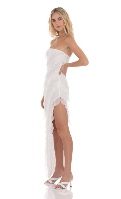 Lucy In The Sky Mesh Ruffle Strapless Maxi Dress in White