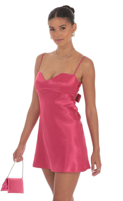 Lucy In The Sky Satin Sweetheart Neck Dress in Berry Pink