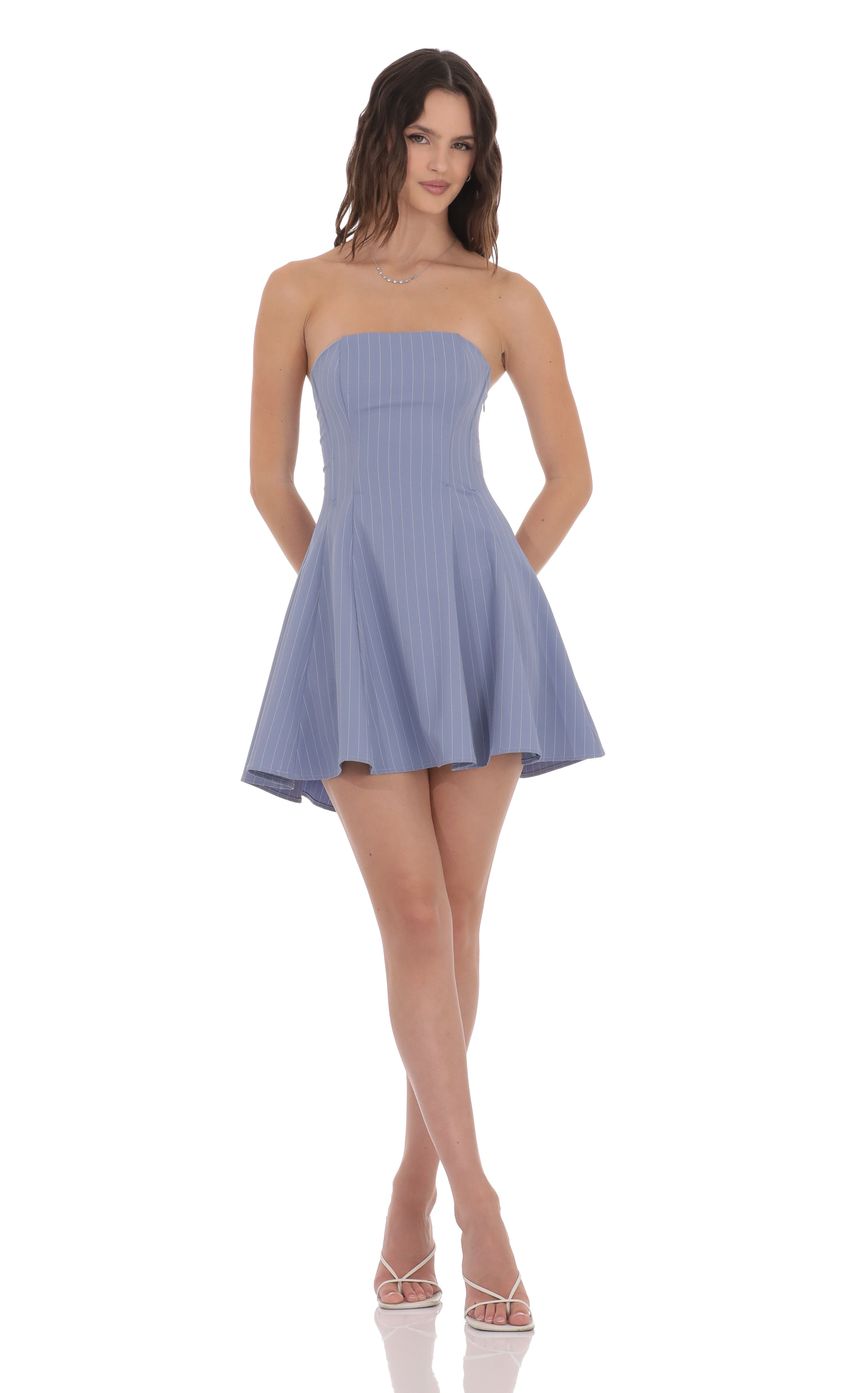 Lucy In The Sky Pinstripe Corset Strapless Dress in Denim Blue