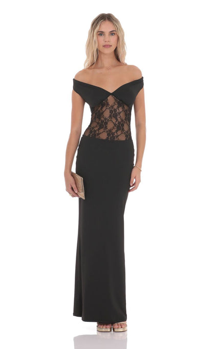 Lucy In The Sky Off Shoulder Lace Cutout Maxi Dress in Black