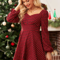 Cupshe Red Gingham Sweetheart Puff Sleeve Mini Dress