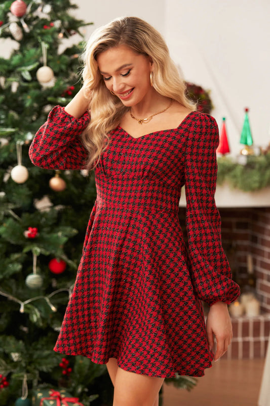 Cupshe Red Gingham Sweetheart Puff Sleeve Mini Dress