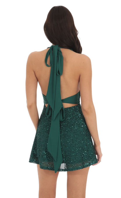 Lucy In The Sky Sequin Halter Dress in Green