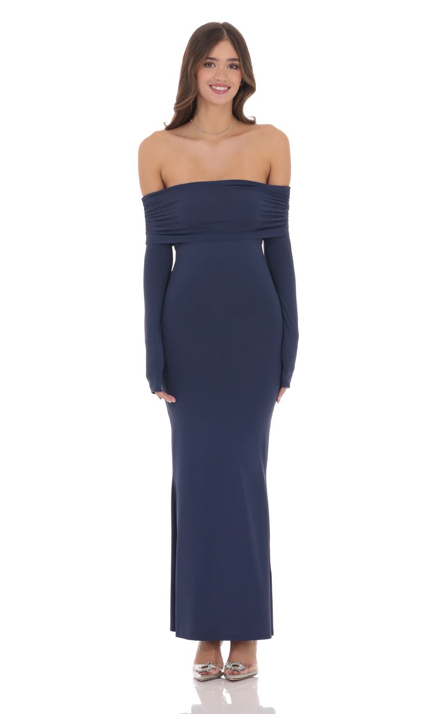 Lucy In The Sky Off Shoulder Open Back Maxi Dress in Navy