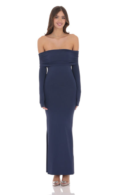 Lucy In The Sky Off Shoulder Open Back Maxi Dress in Navy