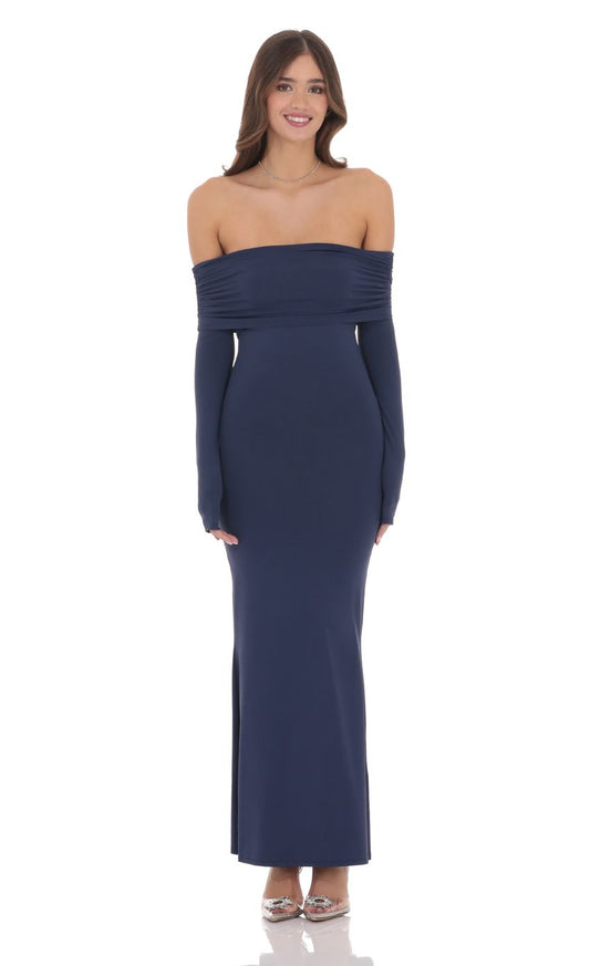 Lucy In The Sky Off Shoulder Open Back Maxi Dress in Navy