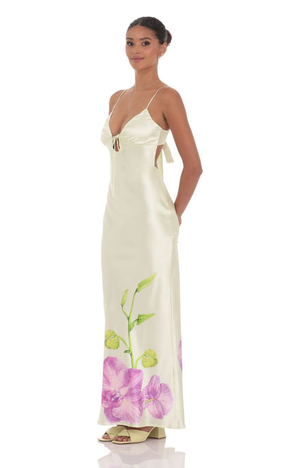 Lucy In The Sky Satin Front Tie Floral Maxi Dress in Pastel Green