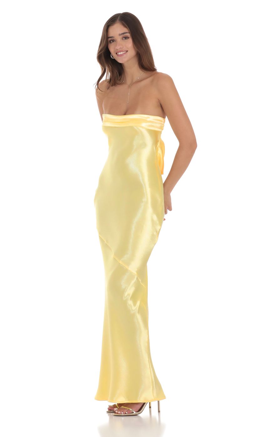 Lucy In The Sky Strapless Satin Open Back Maxi Dress in Yellow