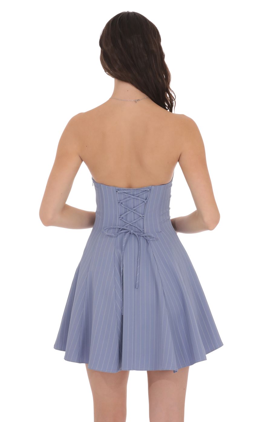 Lucy In The Sky Pinstripe Corset Strapless Dress in Denim Blue