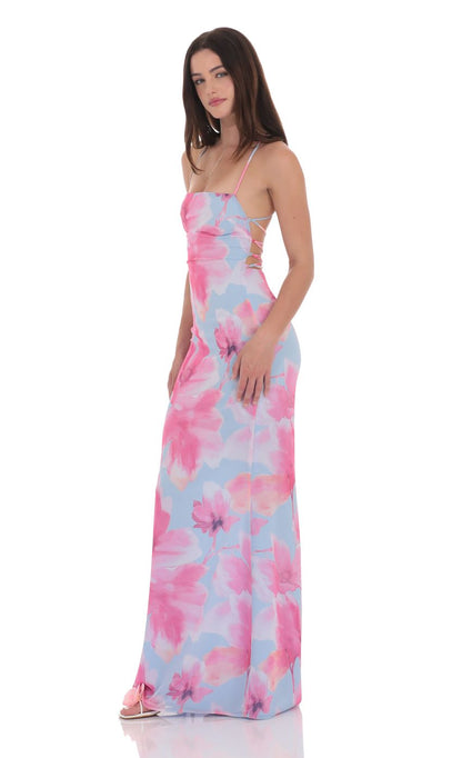 Lucy In The Sky Floral Open Back Maxi Dress in Blue and Pink